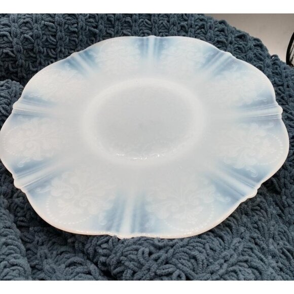 Vintage Opalescent Blue & White Glass Plate W/Scalloped Edge w/Fleur-De-Lis Patt - Picture 5 of 5